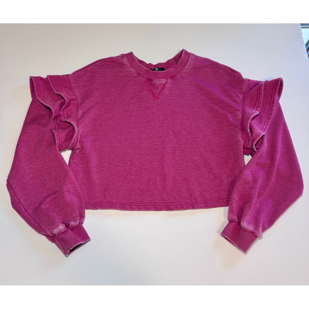 7 For All Mankind Magenta Pink Ruffle Sleeve Cropped Sweatshirt Womens Small
